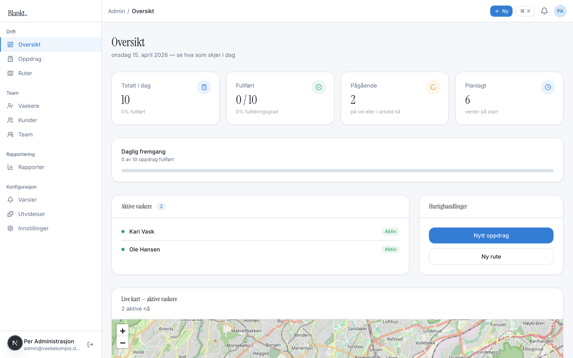 Admin dashboard showing team and route setup
